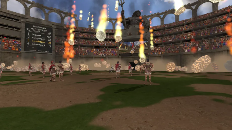Meteors strike the arena floor among the gladiators