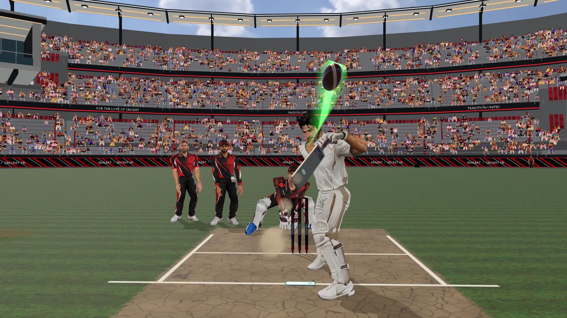 A batsman meets the ball in front of the stumps, the ball trail lit green