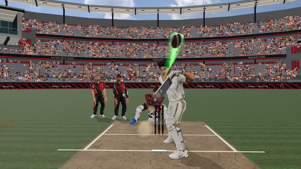 Bat meets ball in front of the stumps, the ball trail lit green