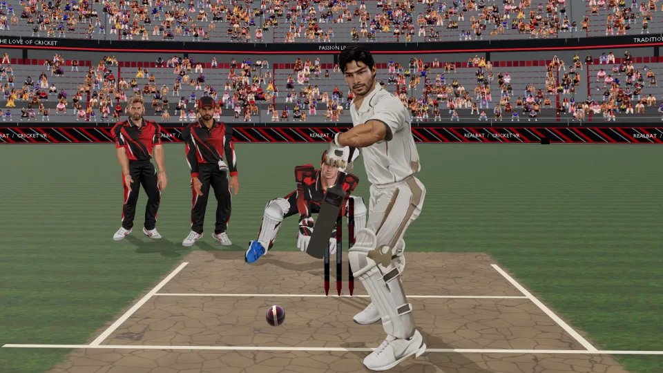 A batsman drives as the keeper crouches