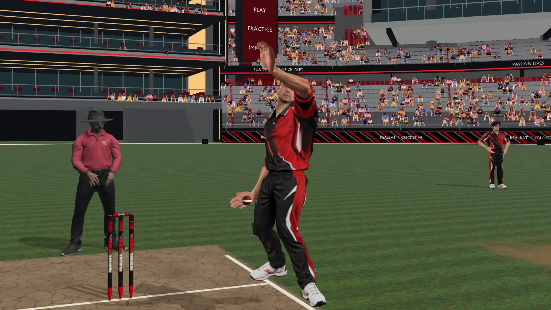 A RealBat bowler lets the ball go as the umpire watches at the bowler's end