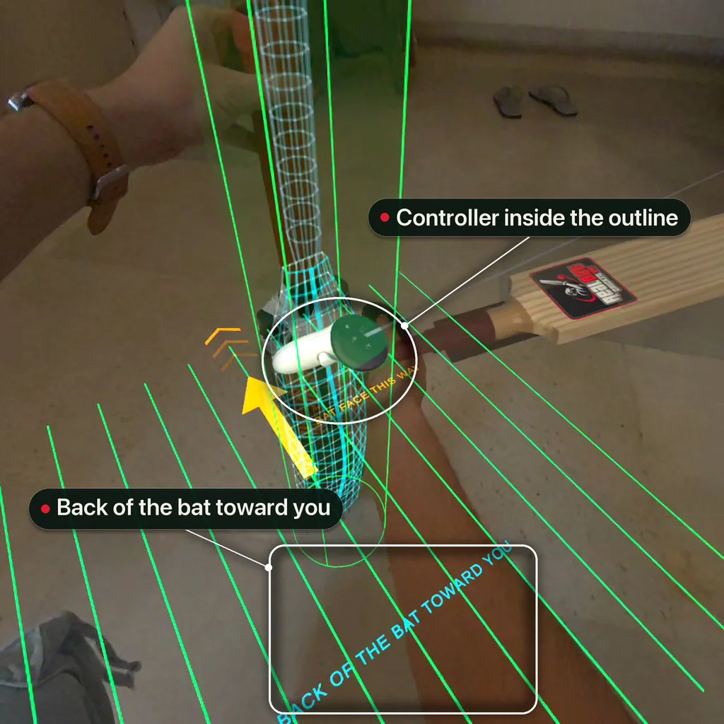 The real bat standing in the wireframe outline, the controller inside it highlighted, and the floor text Back of the bat toward you highlighted