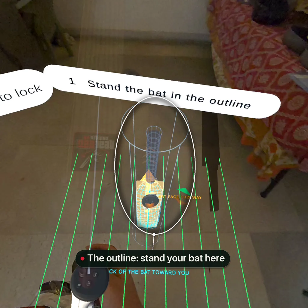 The calibration outline on the floor with the demo's ghost bat standing in it, under the step Stand the bat in the outline, highlighted