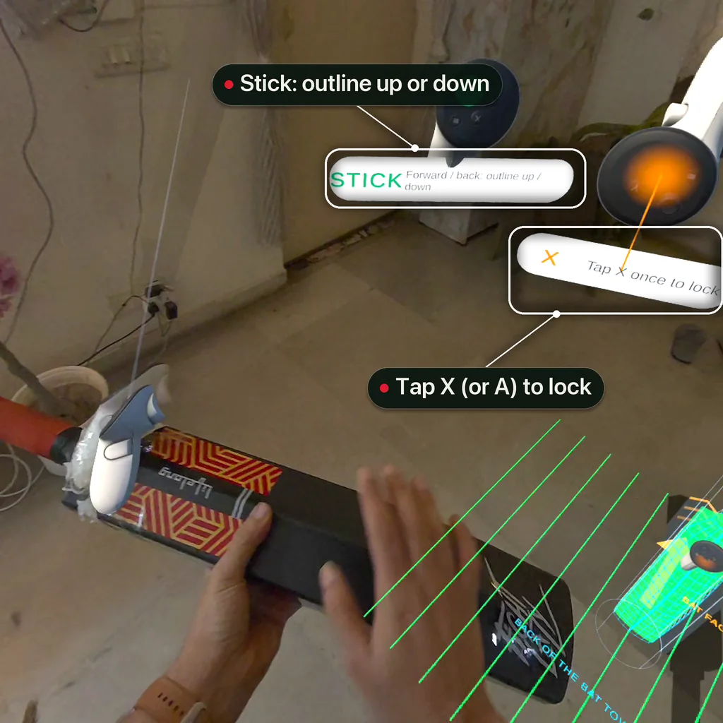 Labels floating by the controllers in passthrough: Stick moves the outline up or down, and Tap X once to lock, both highlighted