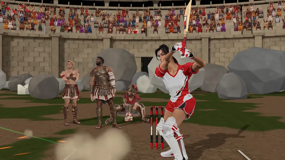A batter in red and white takes guard in the Colosseum with gladiators behind