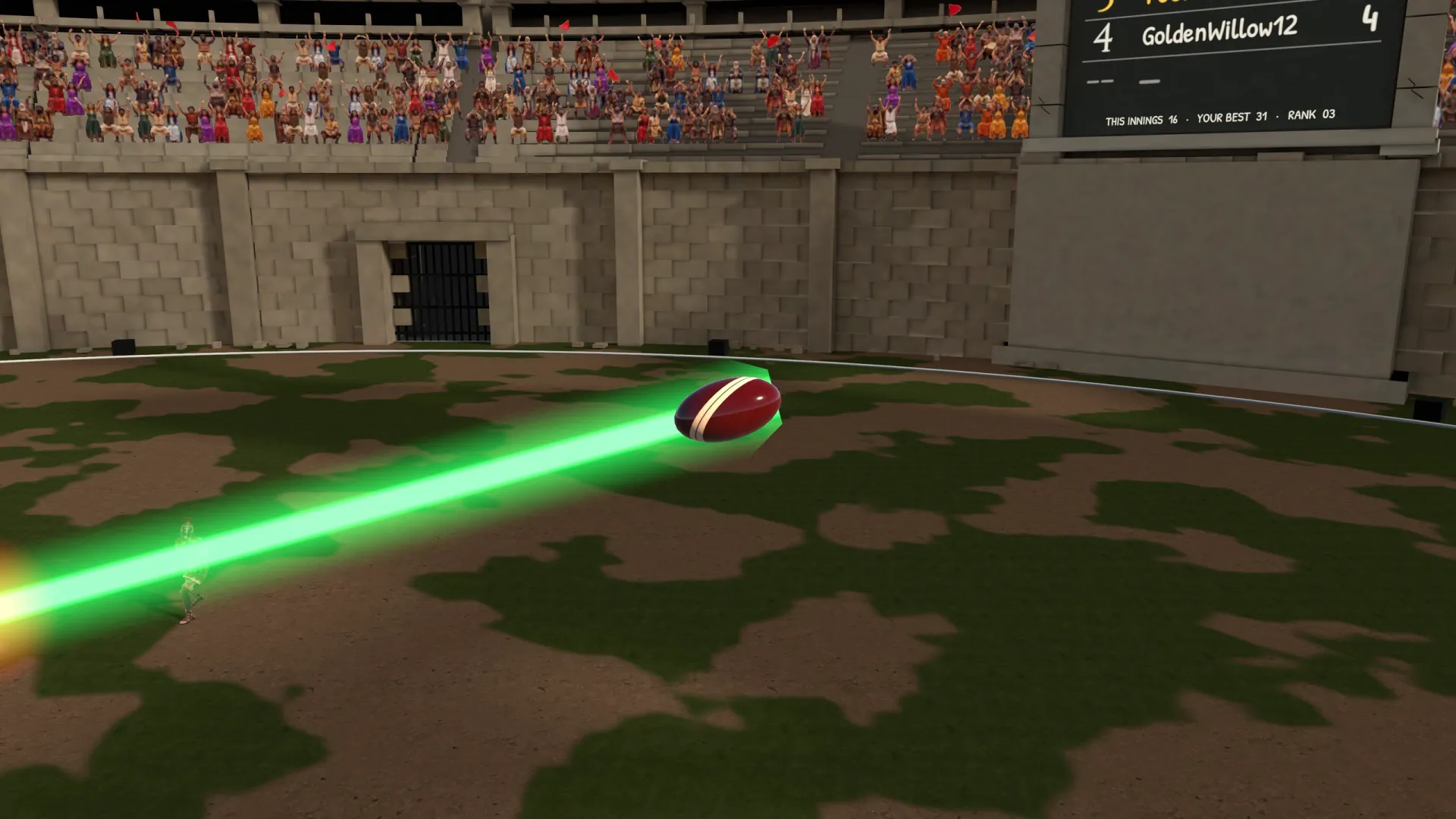 The ball flies past with a long fiery trail
