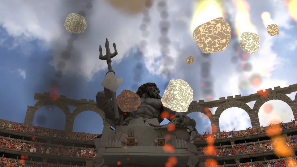 Poseidon's statue over the Colosseum as meteors fall