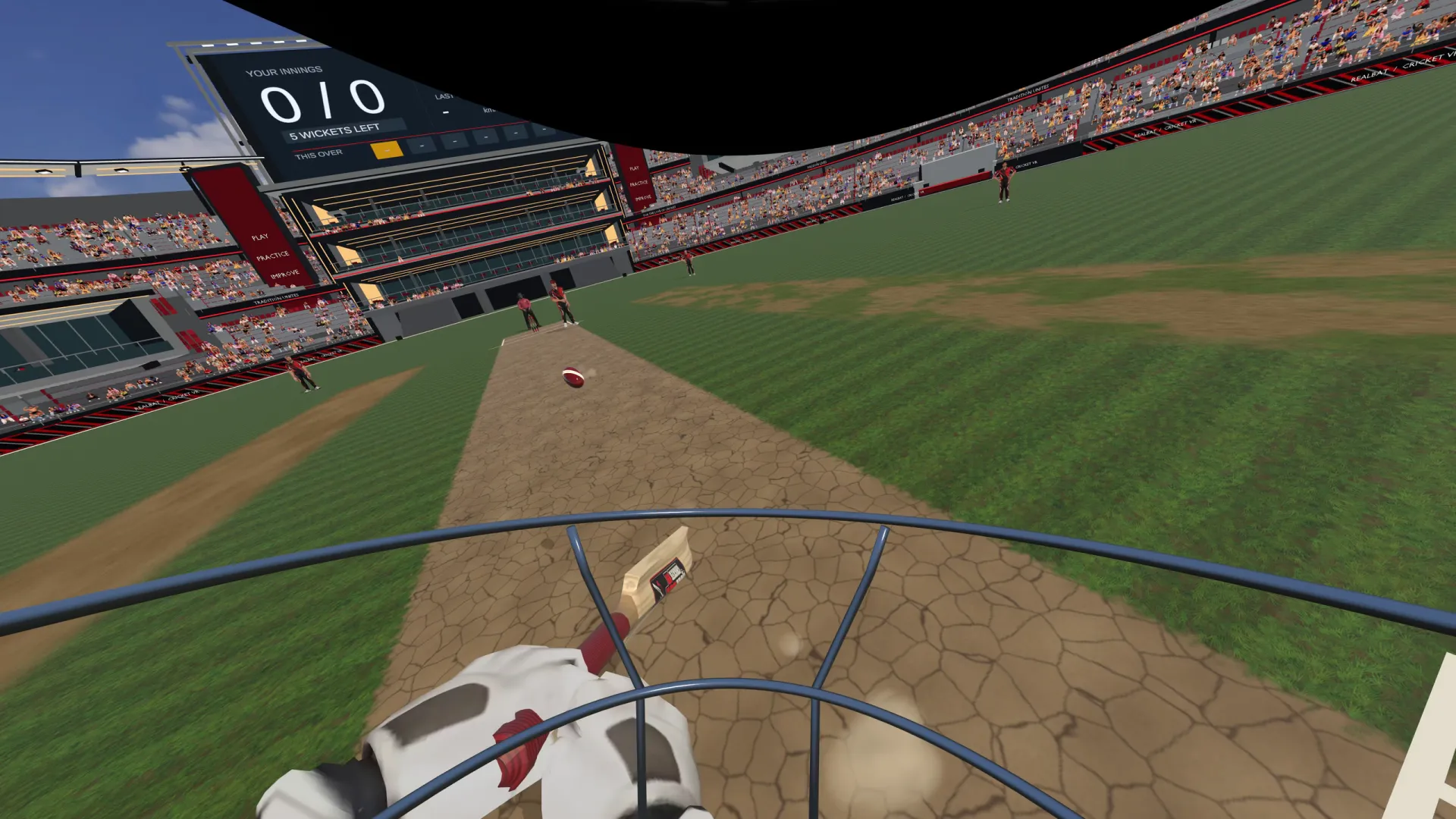 The batter's view through the helmet grille: the pitch, the bowler and the fielders at RealBat Stadium