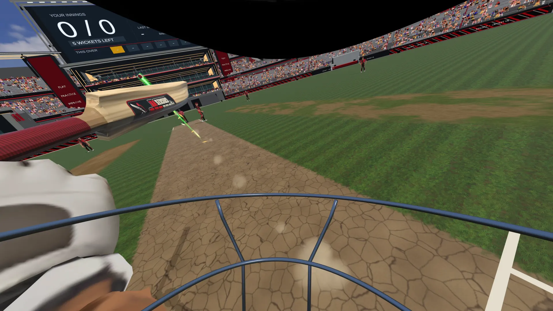 First-person view of the bat sweeping across the pitch as the ball is struck