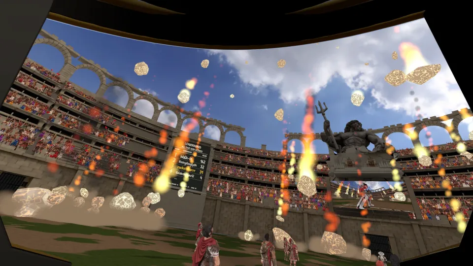 Looking out through a Roman helmet at a meteor storm over the Colosseum