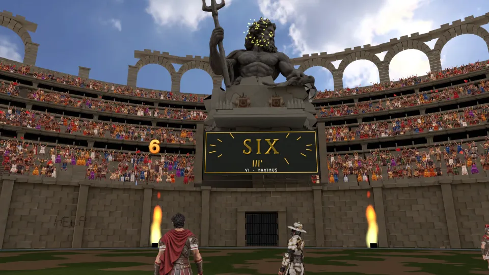 SIX on the stone scoreboard under Poseidon's statue