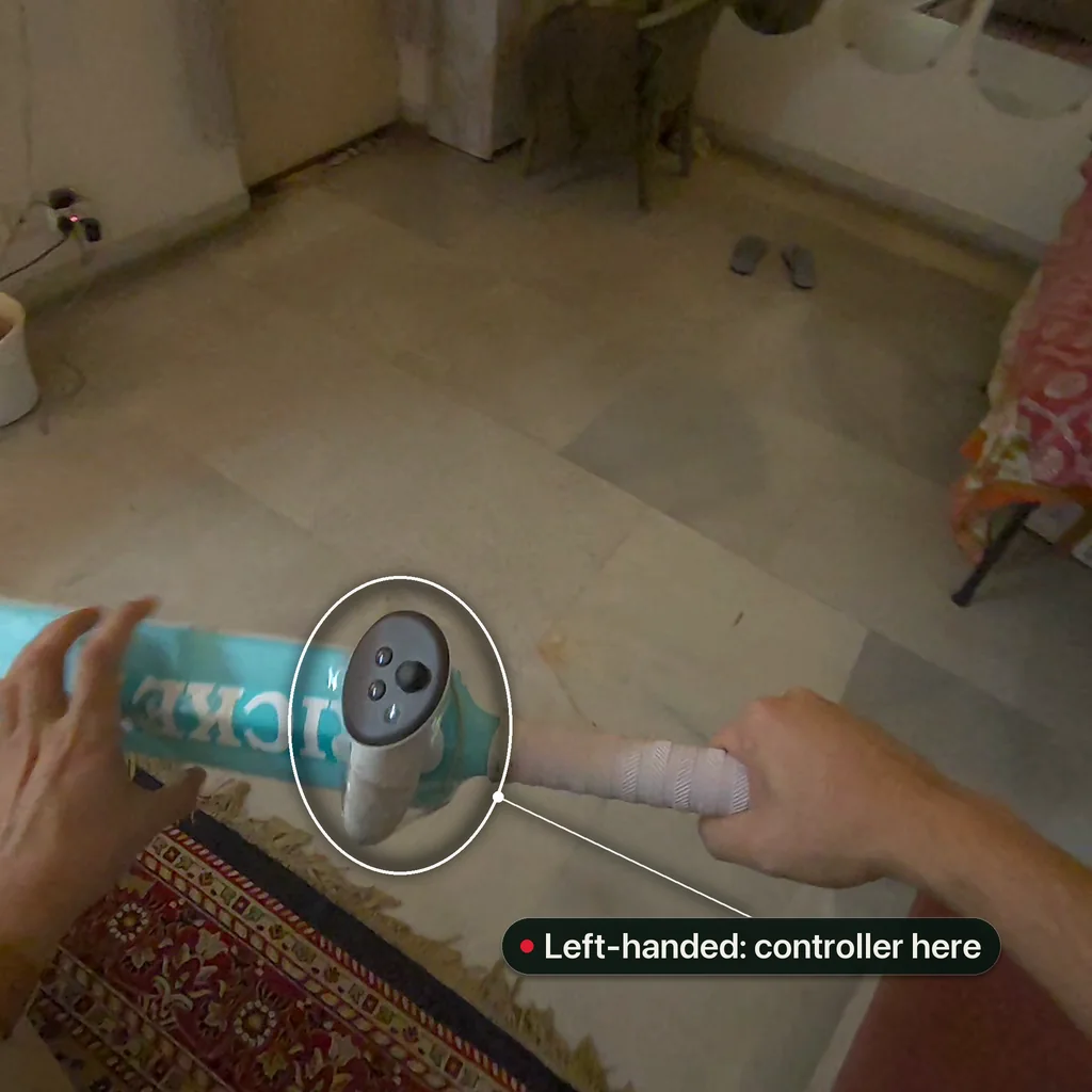 The finished left-handed mount: a Quest controller taped to the back of a light blue bat where the blade meets the handle, button face out, circled
