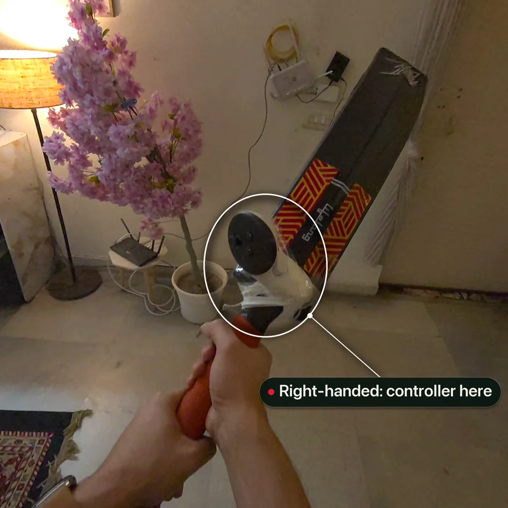 A right-handed batter holds a full-size cricket bat up in front of them; the Quest controller taped at the top of the blade is circled